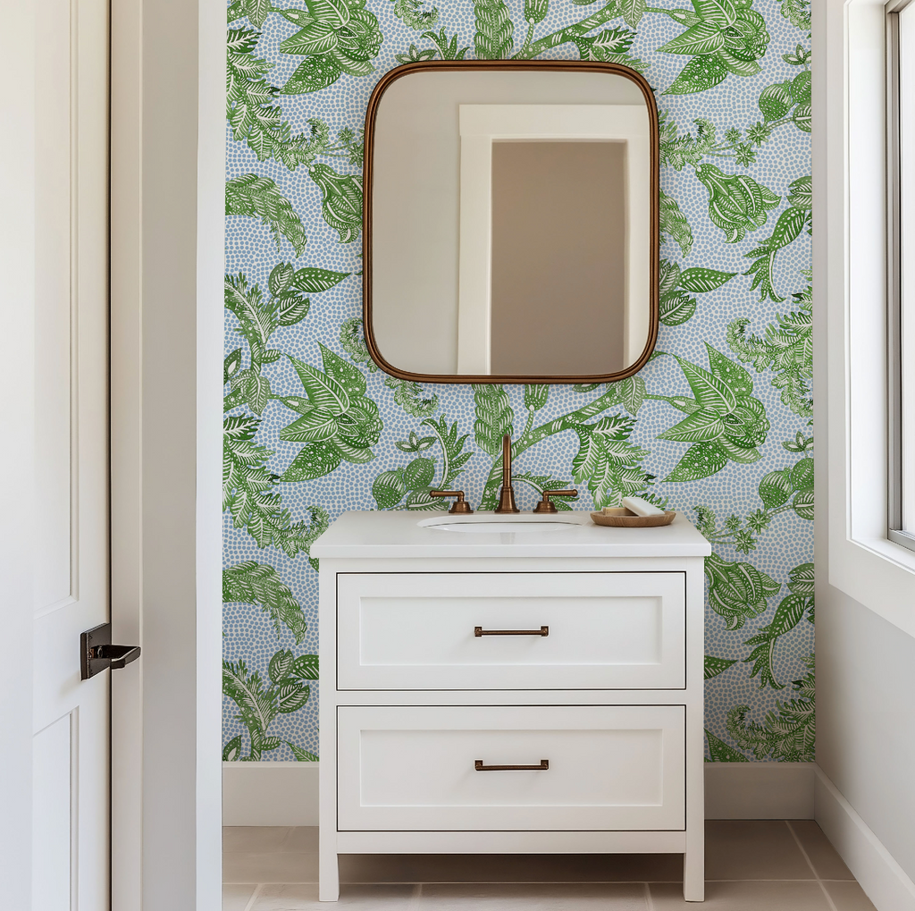 Botanical Etching Green / Blue Dot Wallpaper - Image 8 by RebelMod