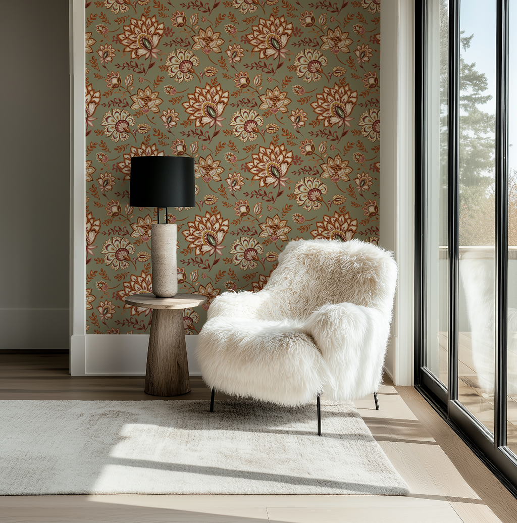 Bohemian Whimsy Floral - Muted Olive Wallpaper