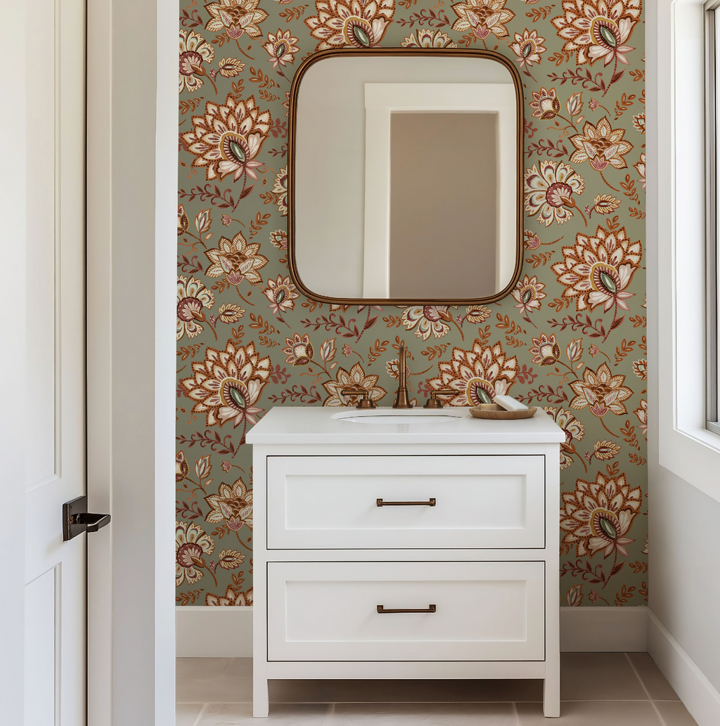 Bohemian Whimsy Floral - Muted Olive Wallpaper