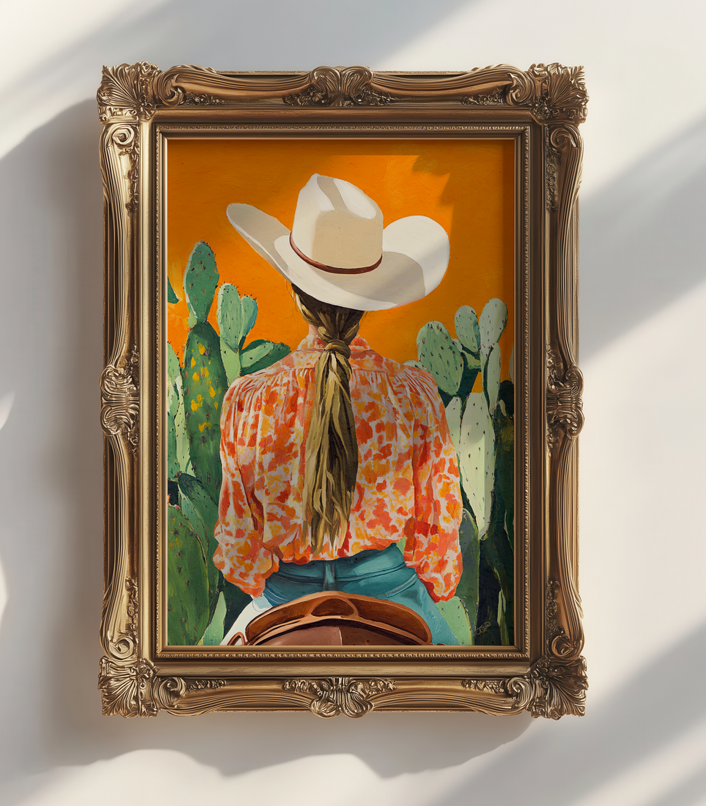 Cowgirl Riding Horse Orange Background
