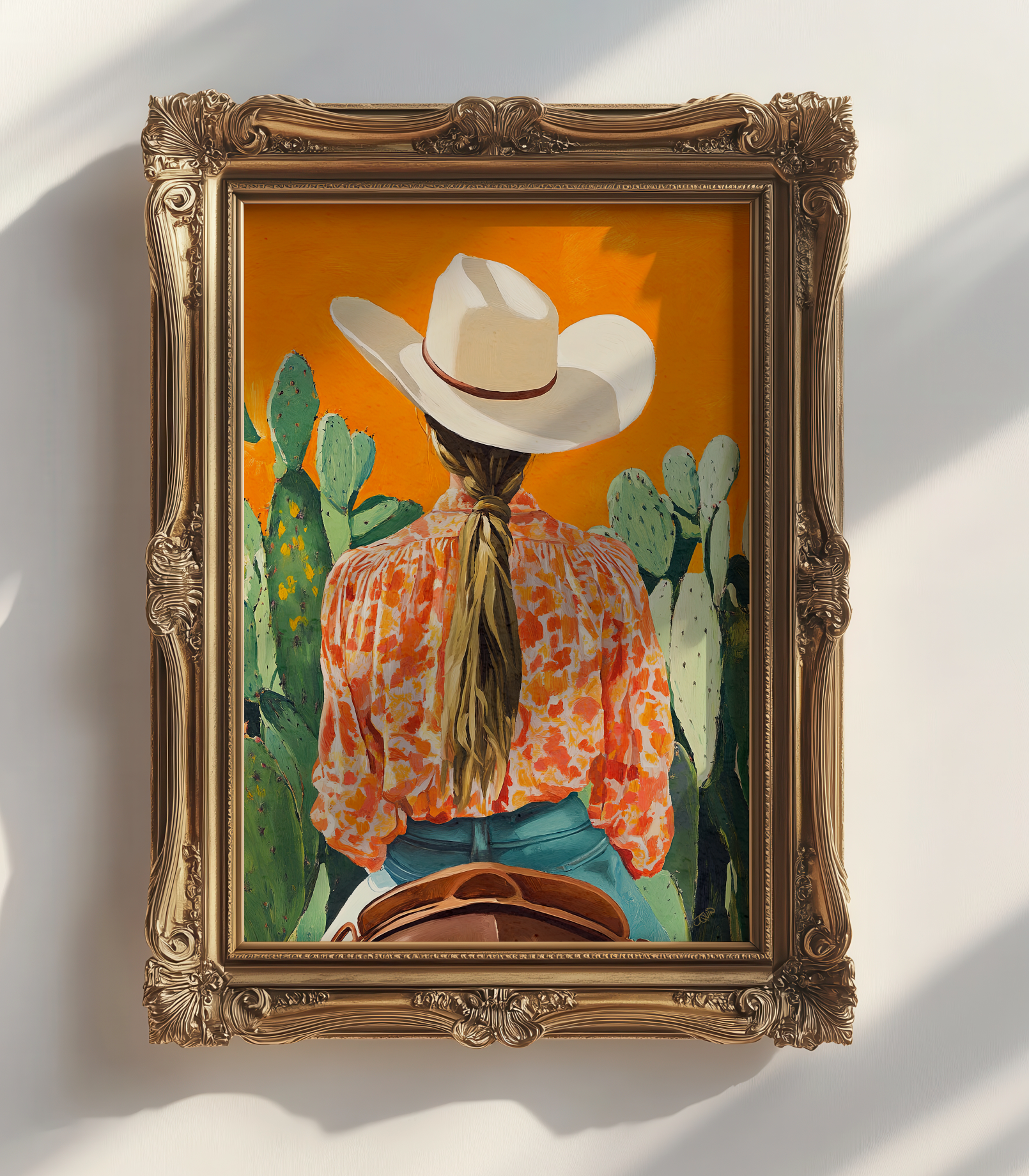 Cowgirl Riding Horse Orange Background