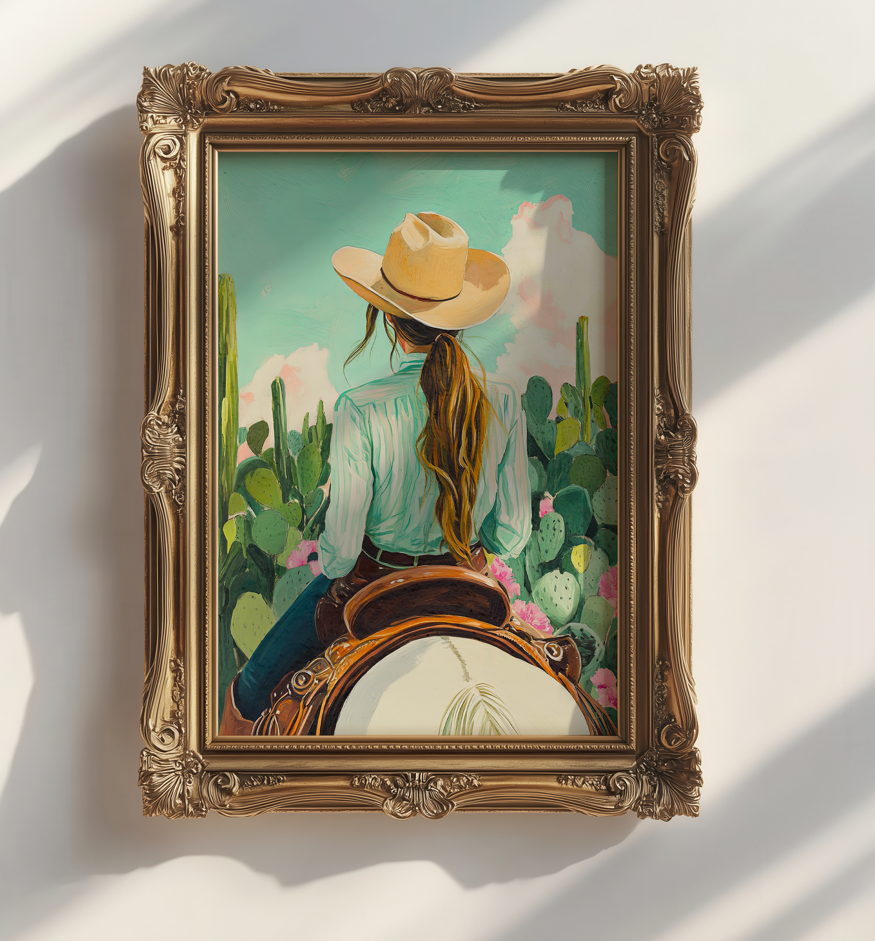 Cowgirl Riding Horse with Cactus