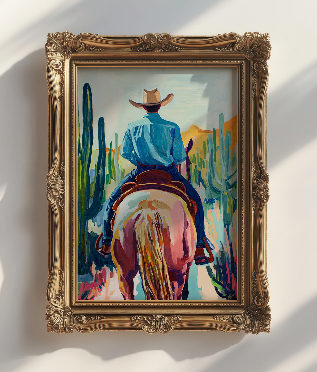Cowboy and his Horse Western Art Print / Rustic Cowboy Horse Wall Decor / Ranch Home Art