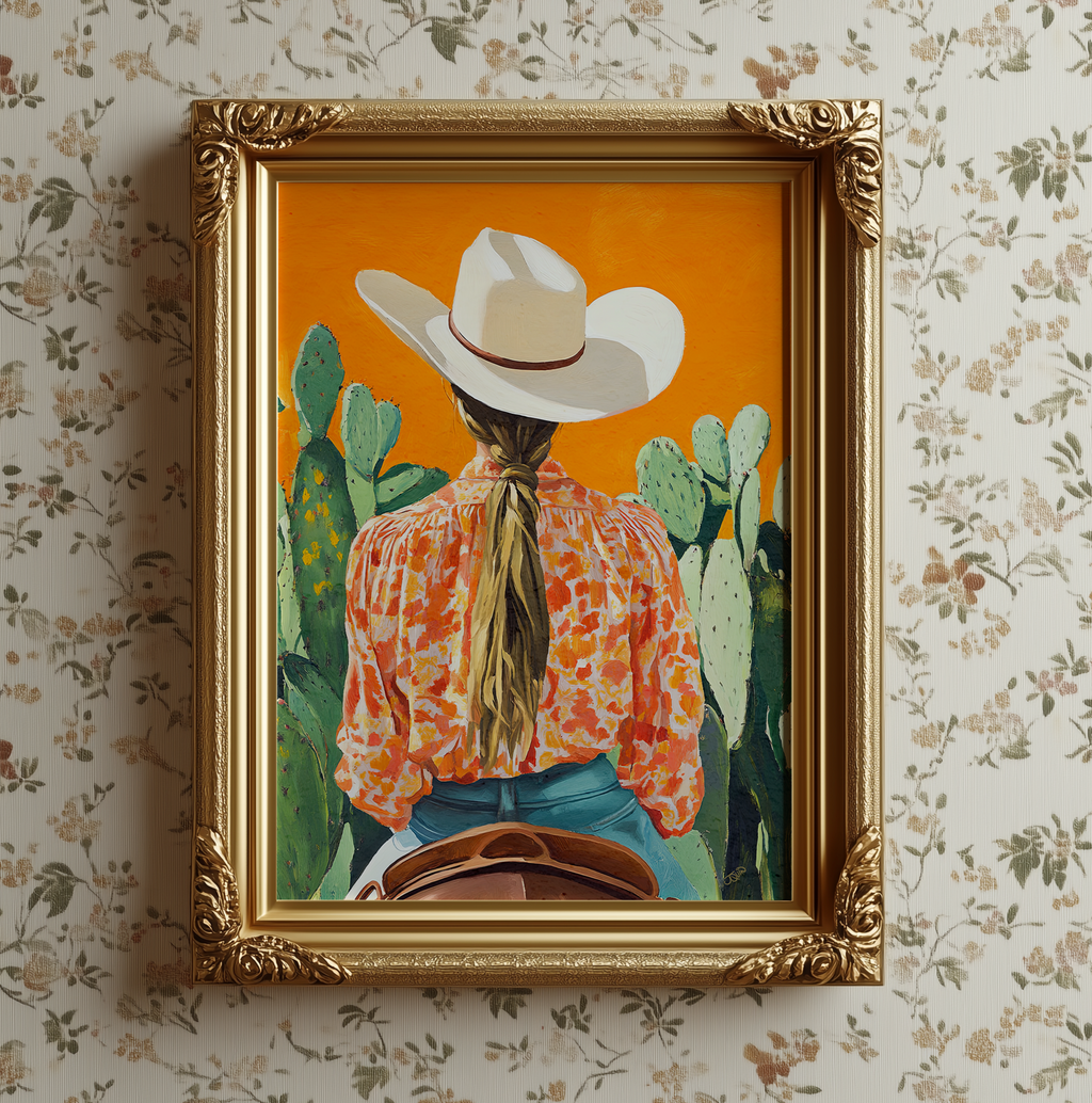 Cowgirl Riding Horse Orange Background