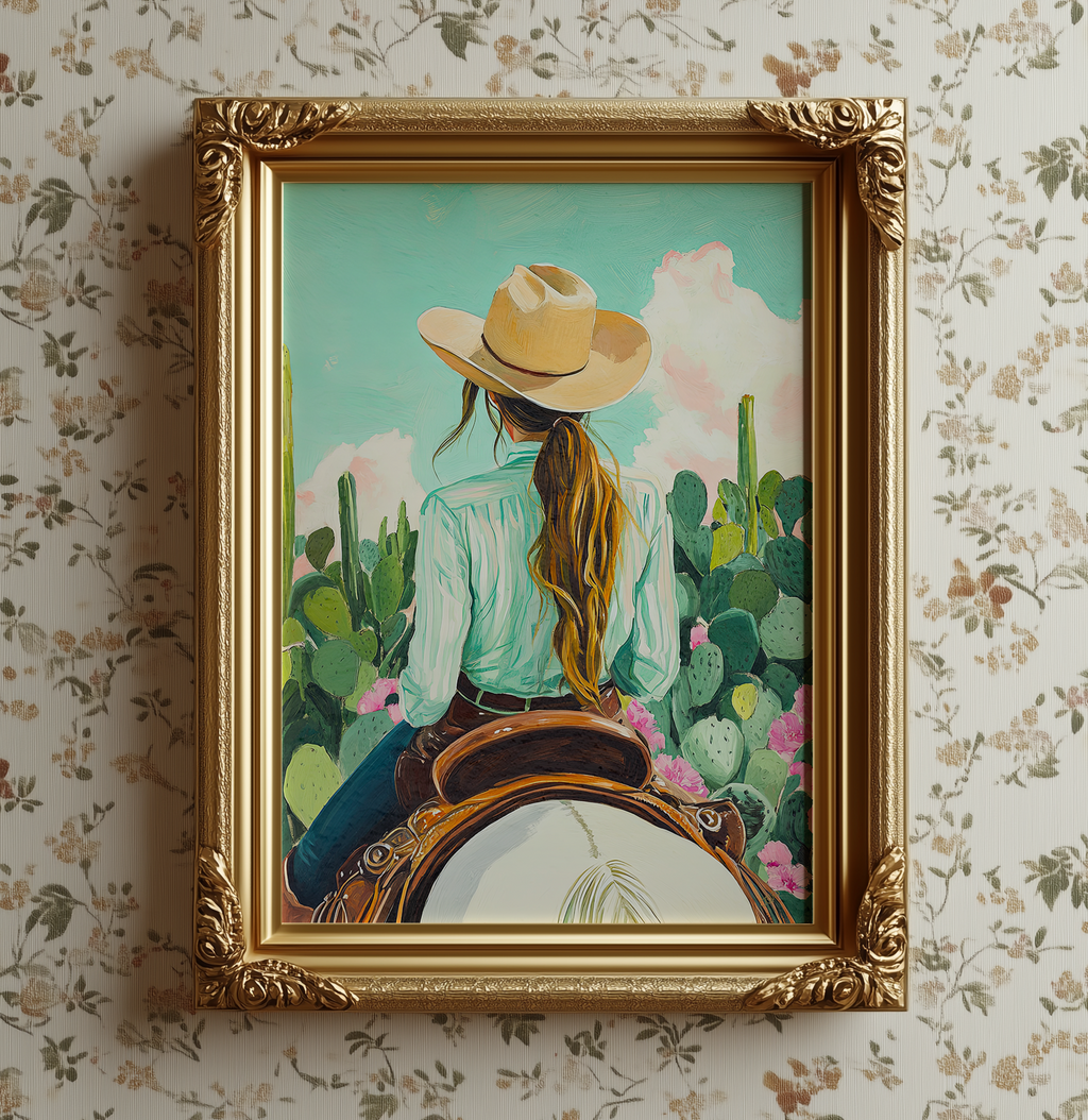 Cowgirl Riding Horse with Cactus