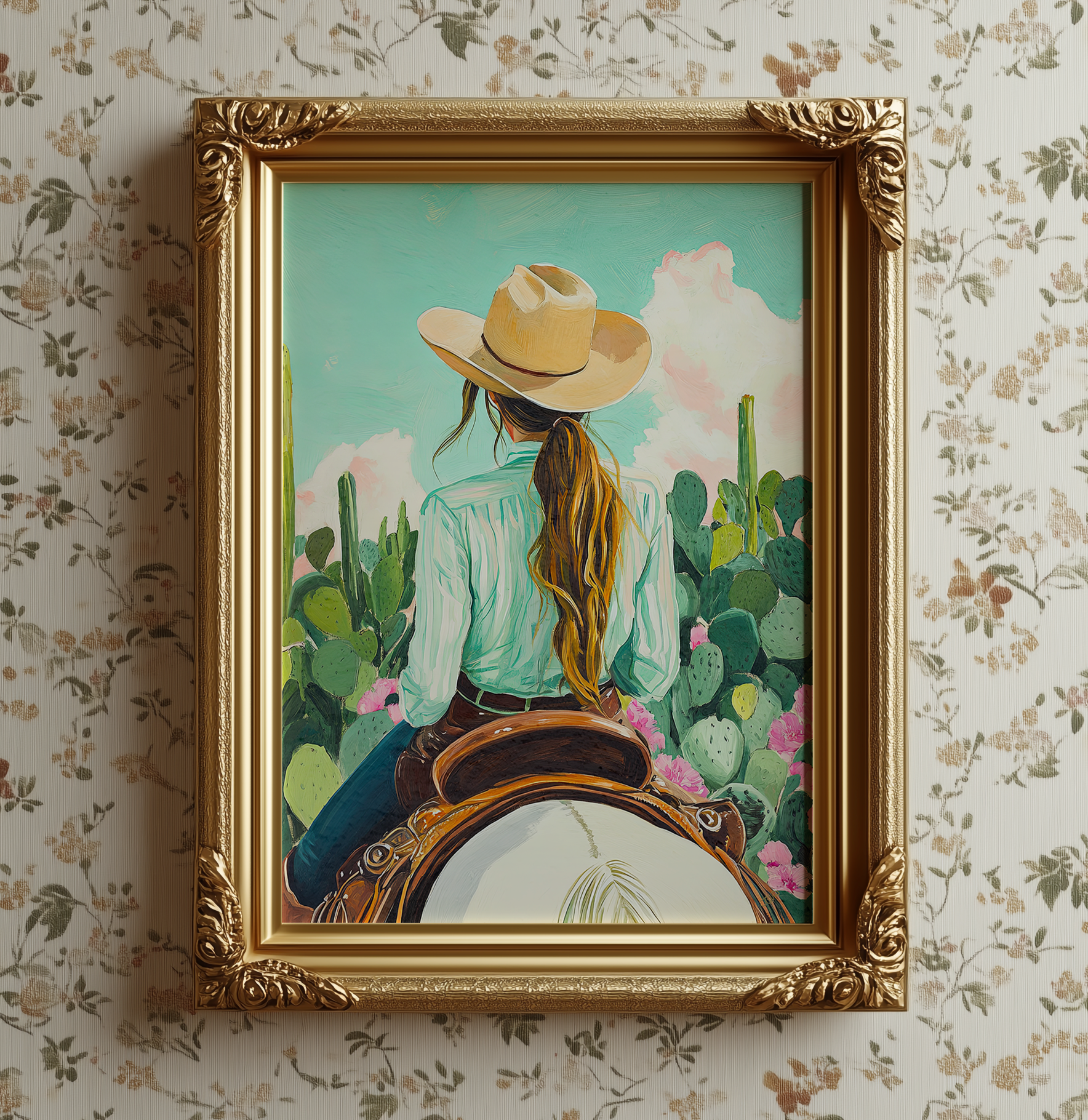Cowgirl Riding Horse with Cactus