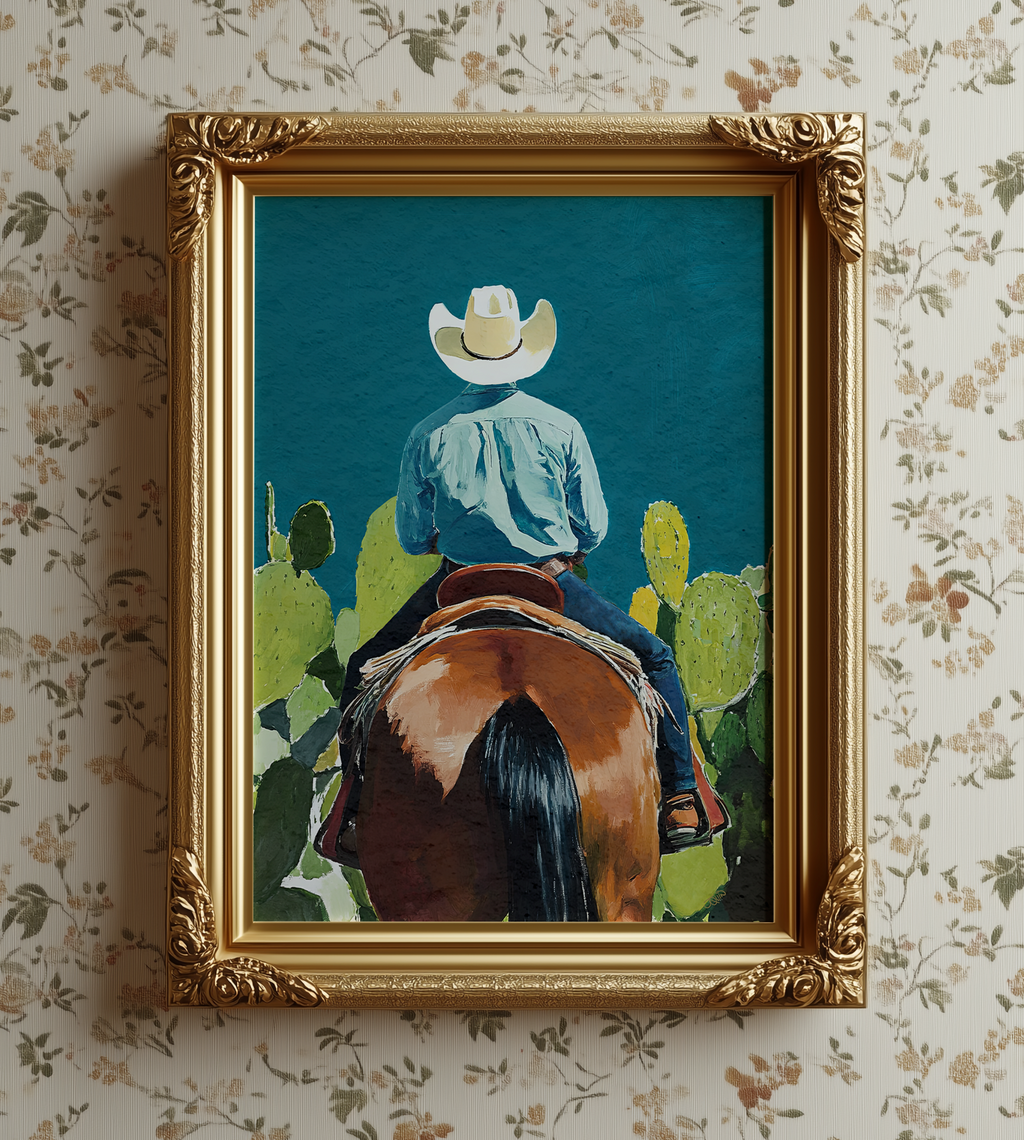 Cowboy and his Horse Western Art Print / Rustic Cowboy Horse Wall Decor / Ranch Home Art