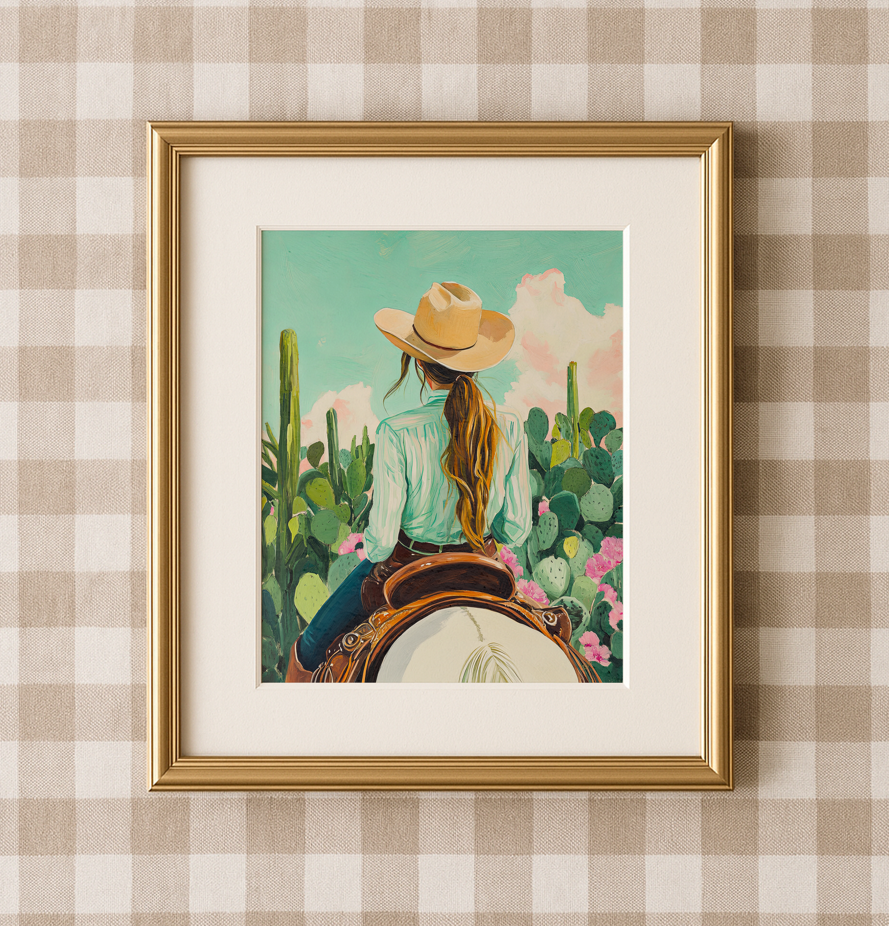 Cowgirl Riding Horse with Cactus