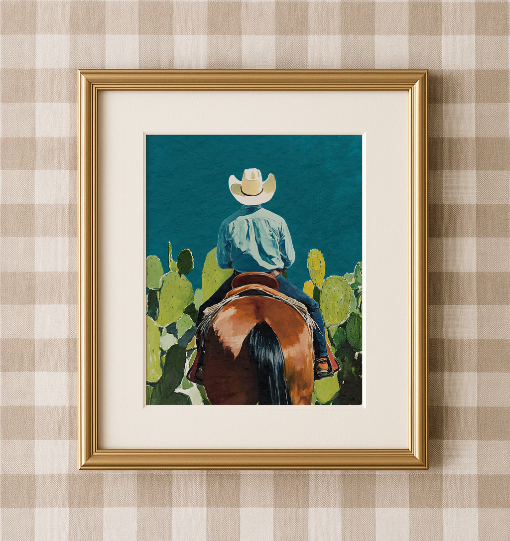 Cowboy and his Horse Western Art Print / Rustic Cowboy Horse Wall Decor / Ranch Home Art