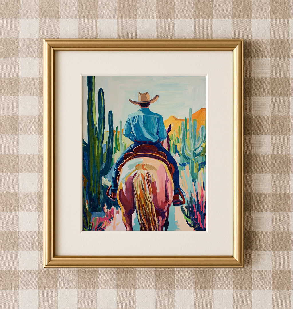 Cowboy and his Horse Western Art Print / Rustic Cowboy Horse Wall Decor / Ranch Home Art