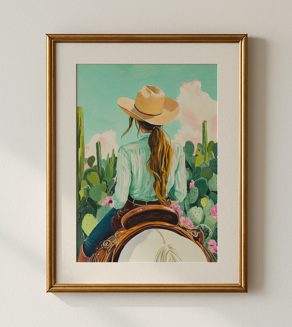 Cowgirl Riding Horse with Cactus