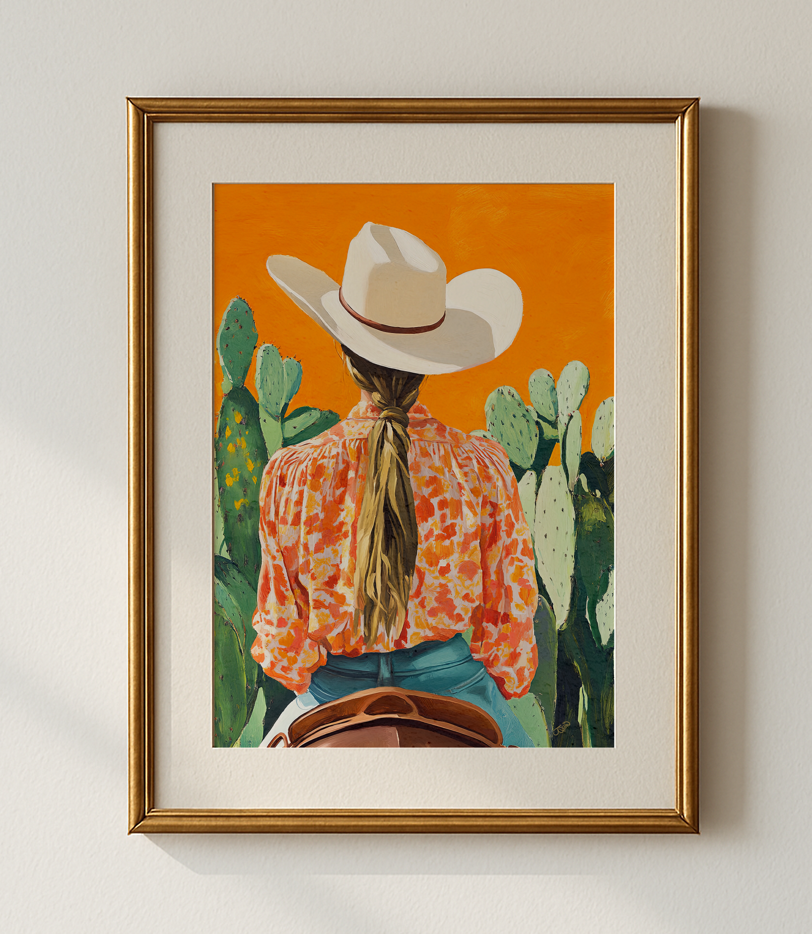 Cowgirl Riding Horse Orange Background