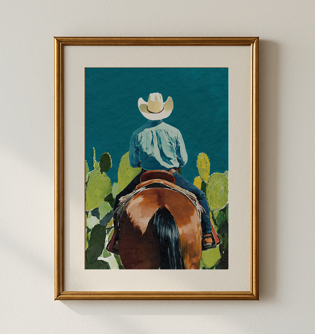 Cowboy and his Horse Western Art Print / Rustic Cowboy Horse Wall Decor / Ranch Home Art