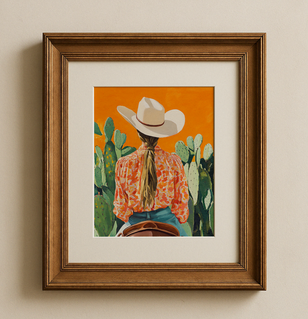 Cowgirl Riding Horse Orange Background