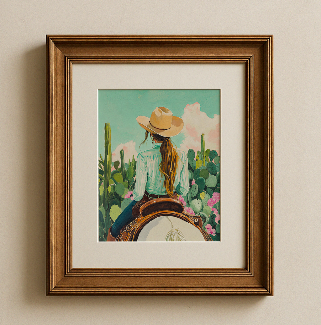 Cowgirl Riding Horse with Cactus