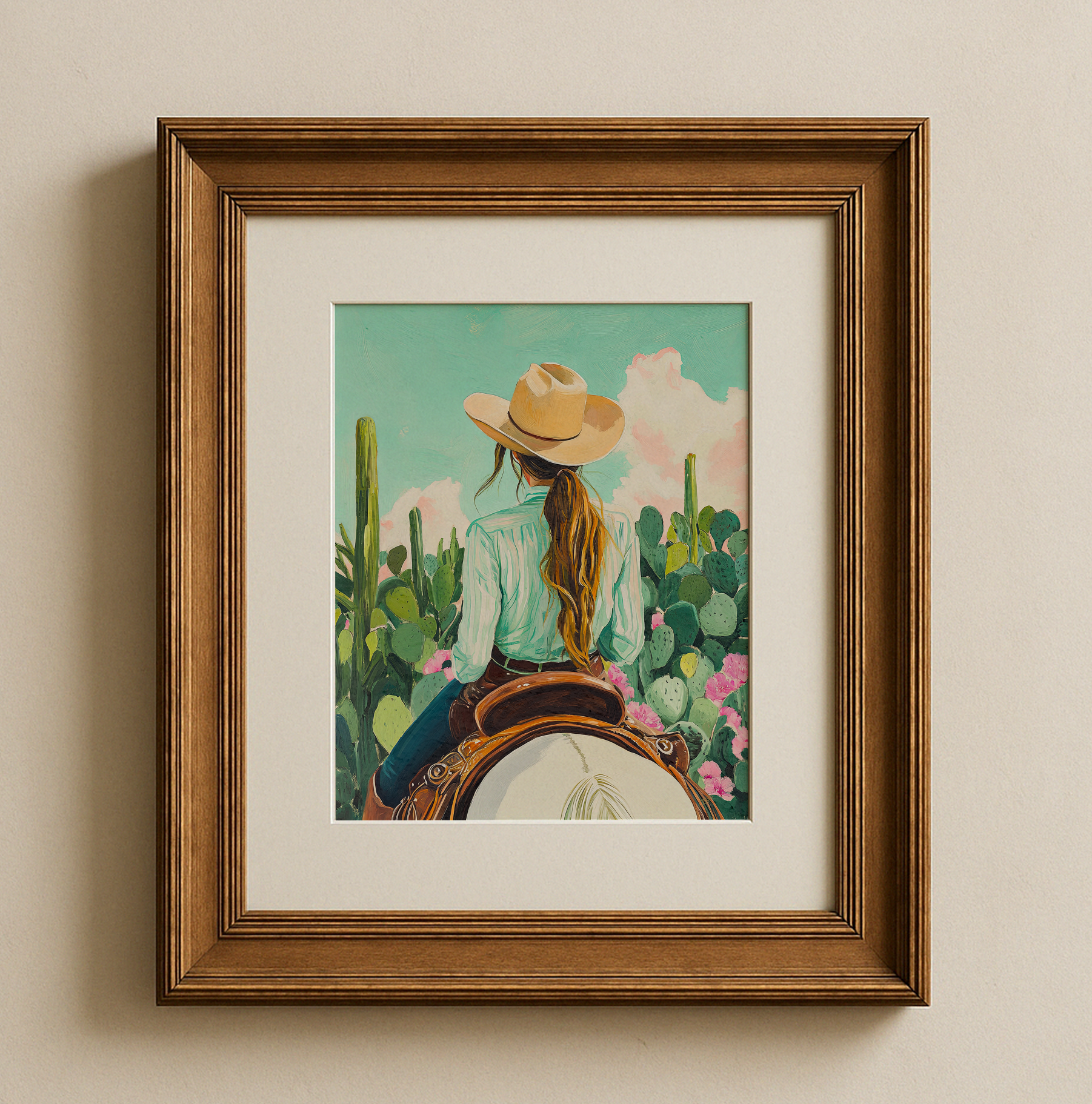 Cowgirl Riding Horse with Cactus