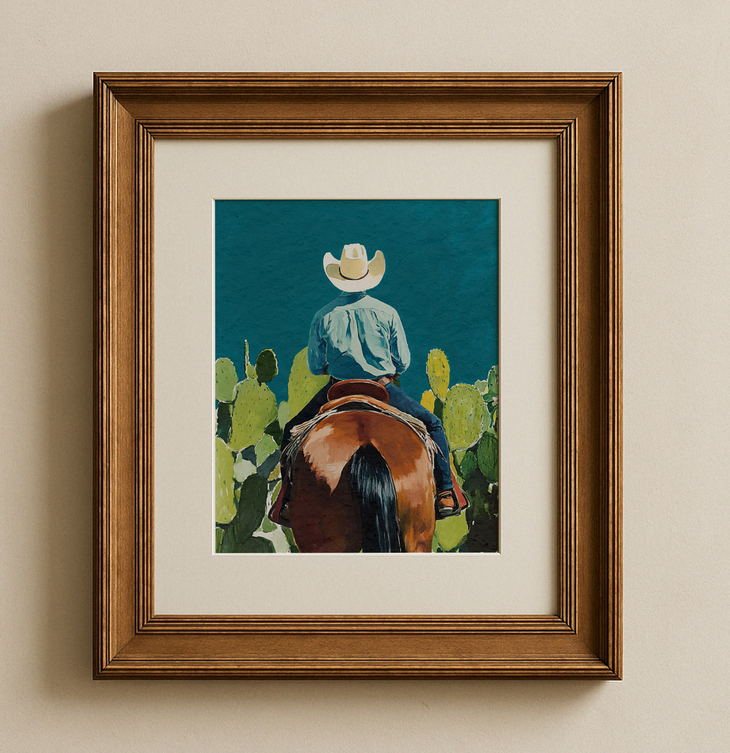 Cowboy and his Horse Western Art Print / Rustic Cowboy Horse Wall Decor / Ranch Home Art