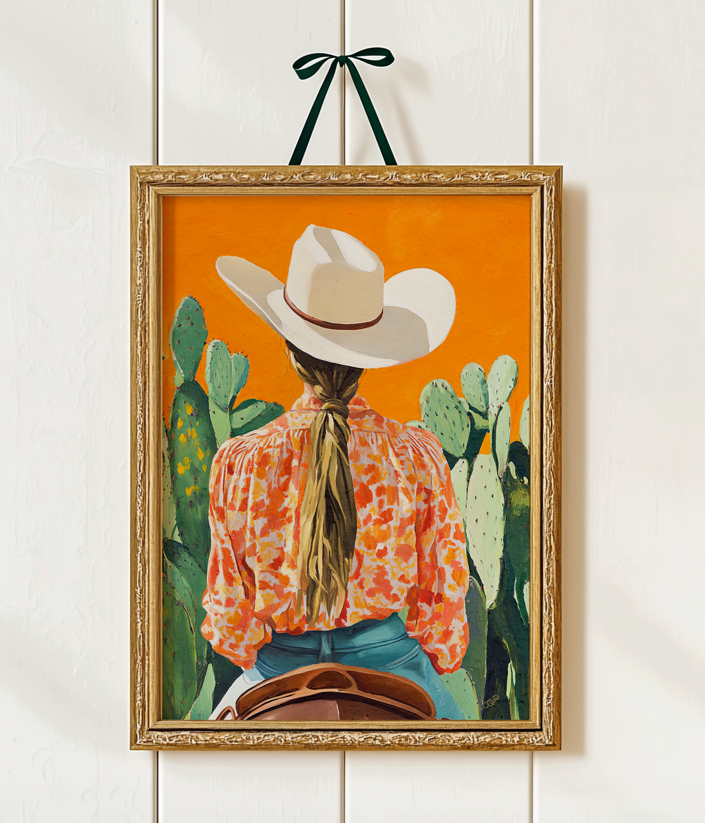 Cowgirl Riding Horse Orange Background