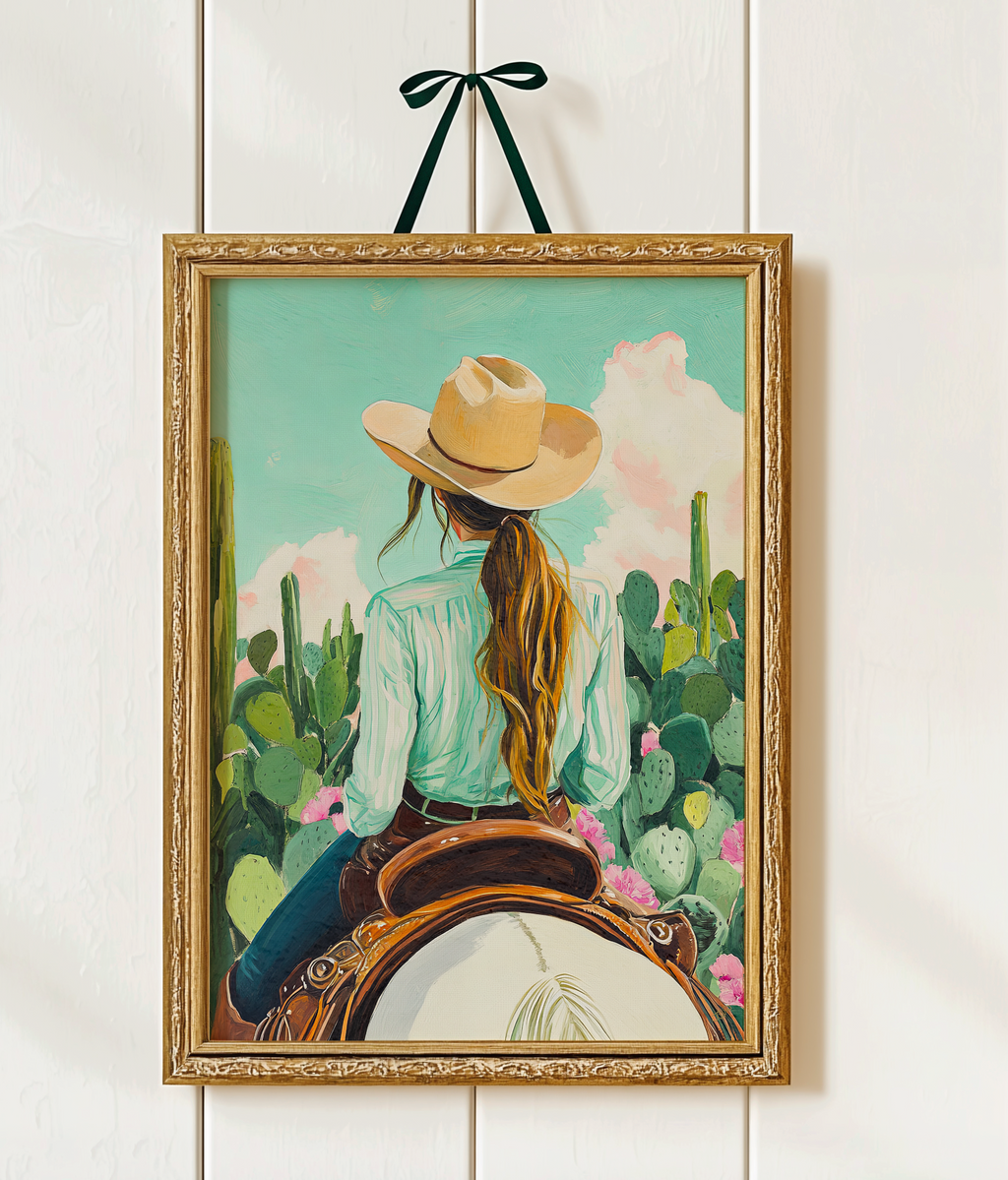 Cowgirl Riding Horse with Cactus