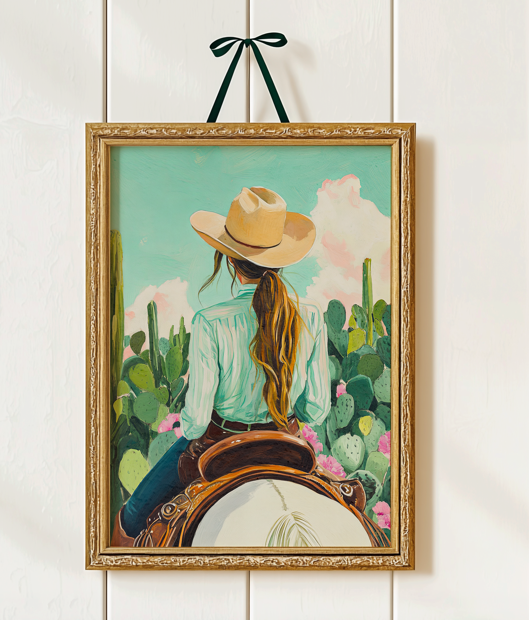Cowgirl Riding Horse with Cactus