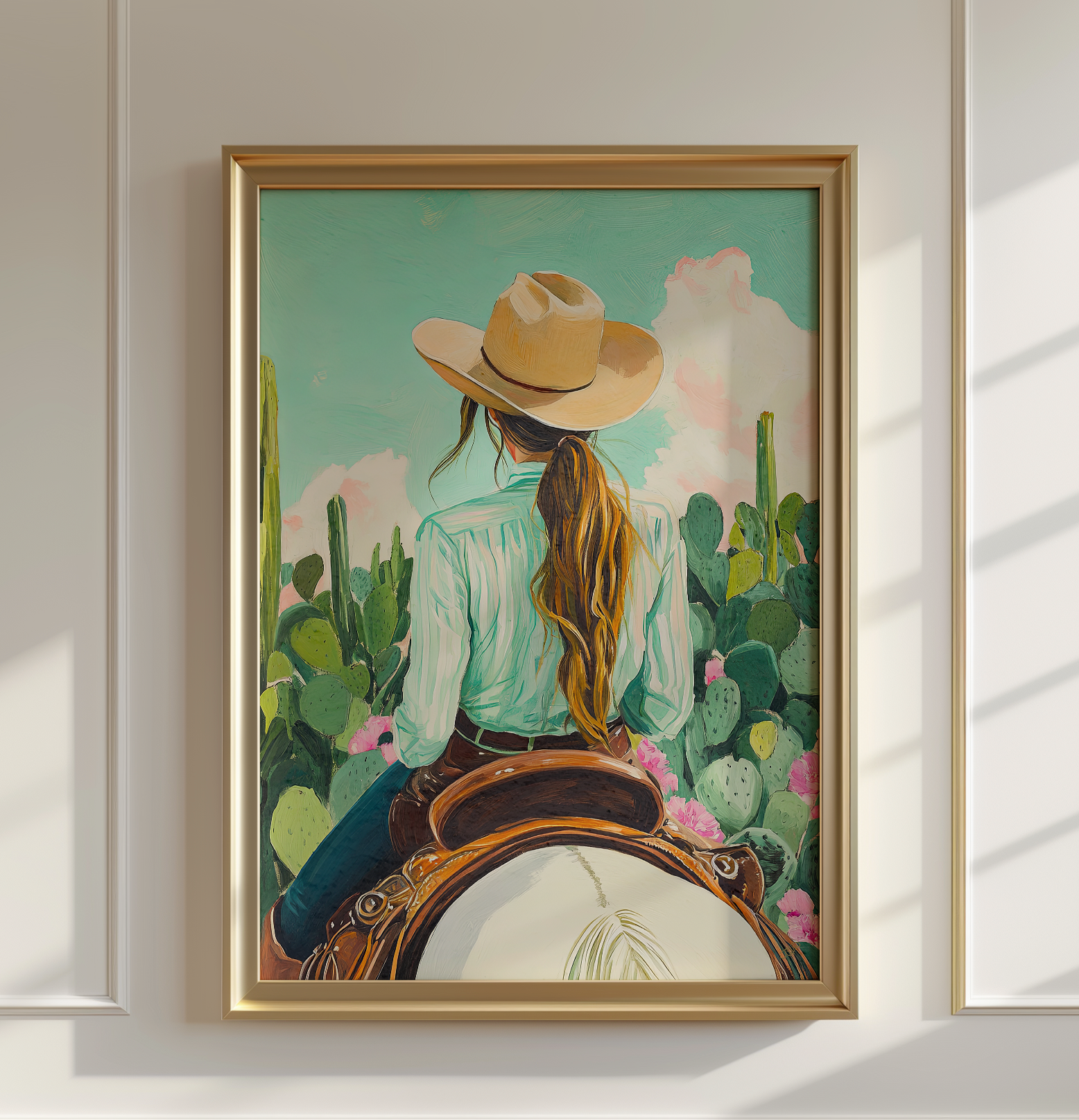 Cowgirl Riding Horse with Cactus