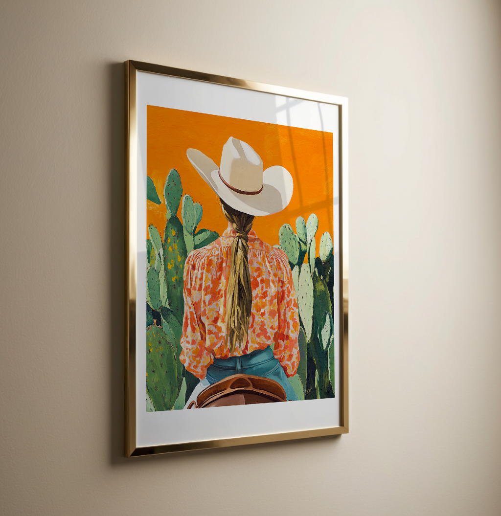 Cowgirl Riding Horse Orange Background