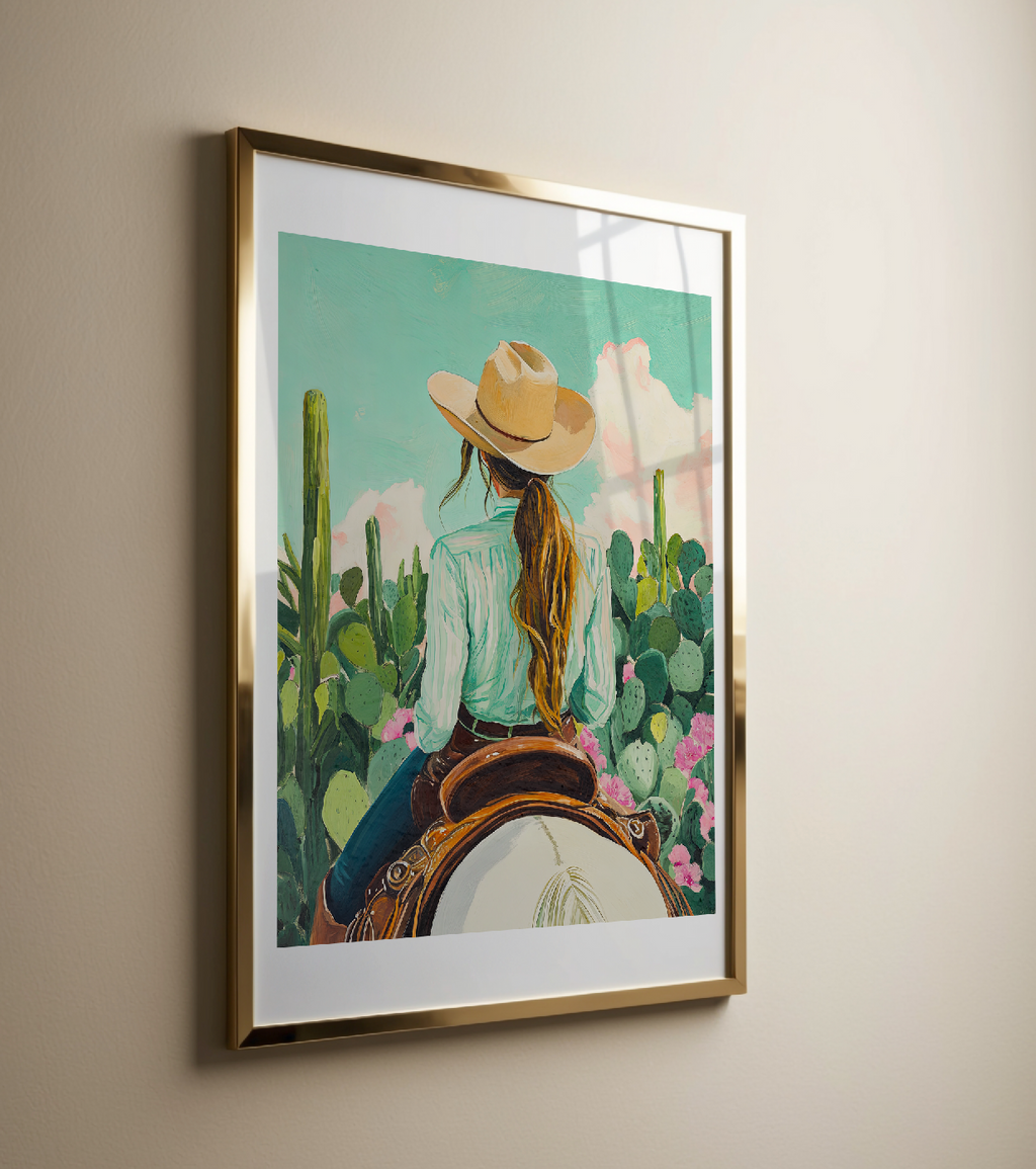 Cowgirl Riding Horse with Cactus