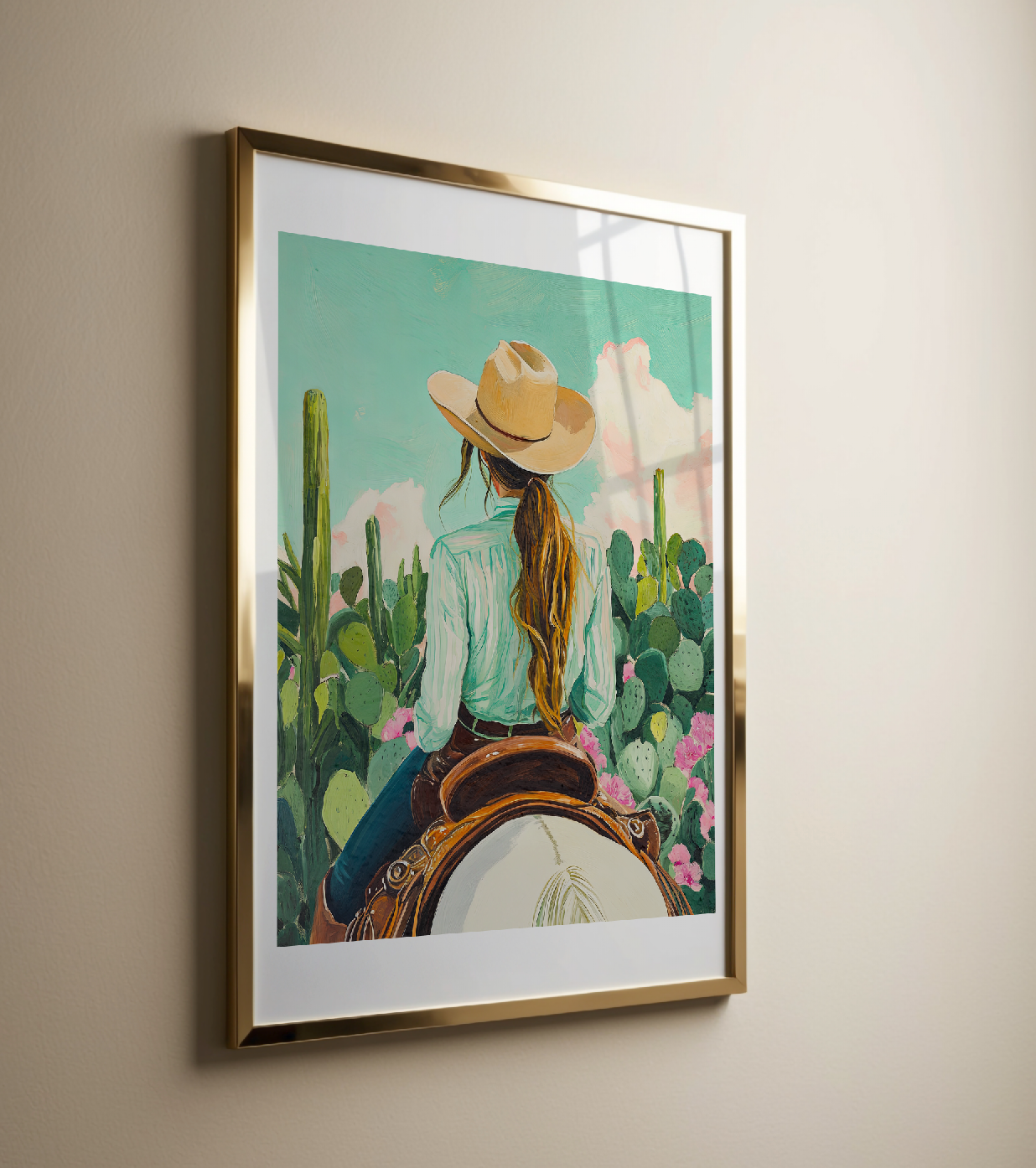 Cowgirl Riding Horse with Cactus