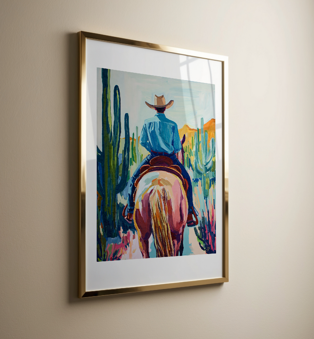 Cowboy and his Horse Western Art Print / Rustic Cowboy Horse Wall Decor / Ranch Home Art