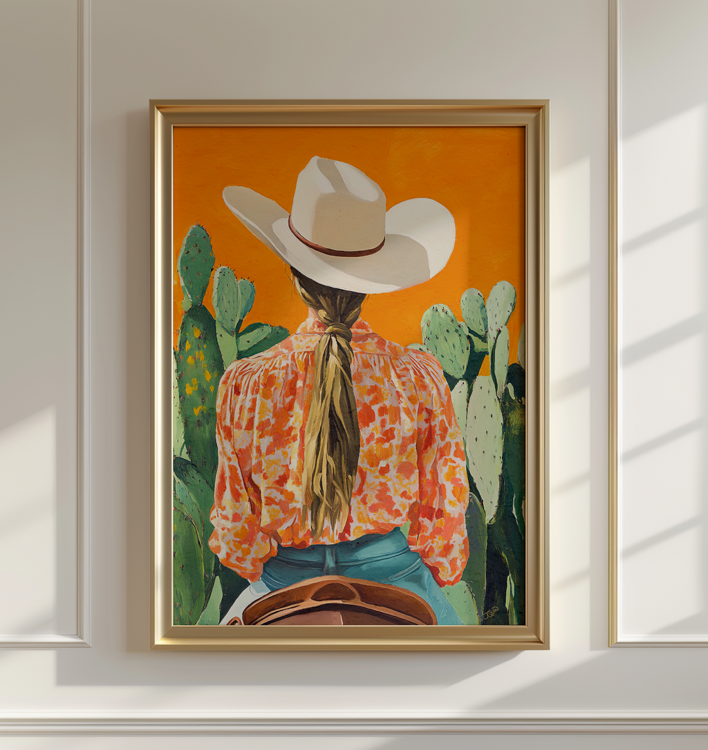 Cowgirl Riding Horse Orange Background