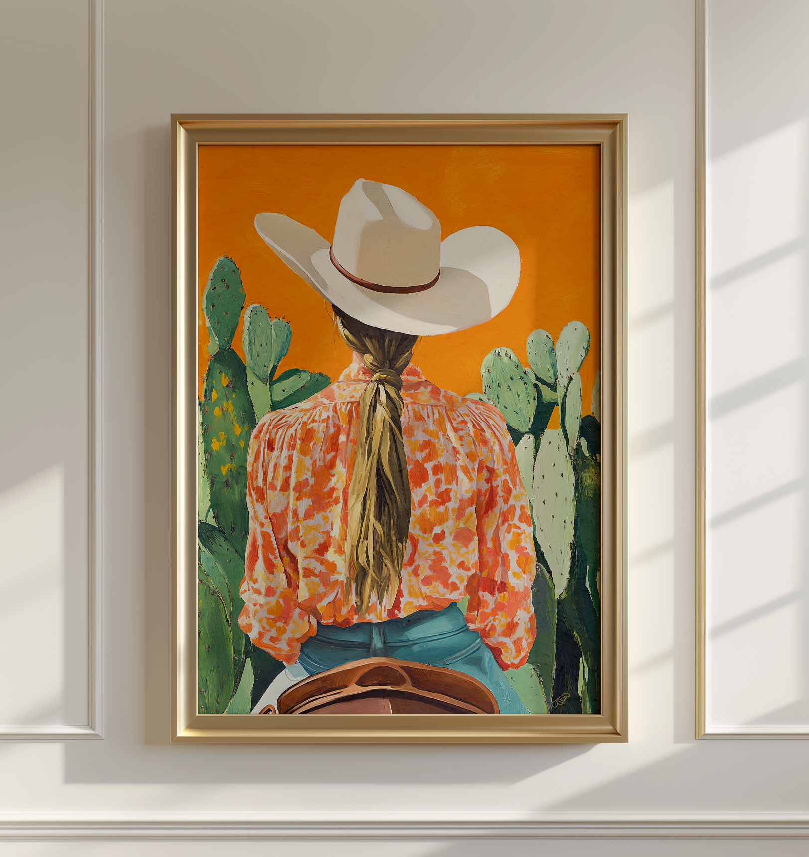 Cowgirl Riding Horse Orange Background