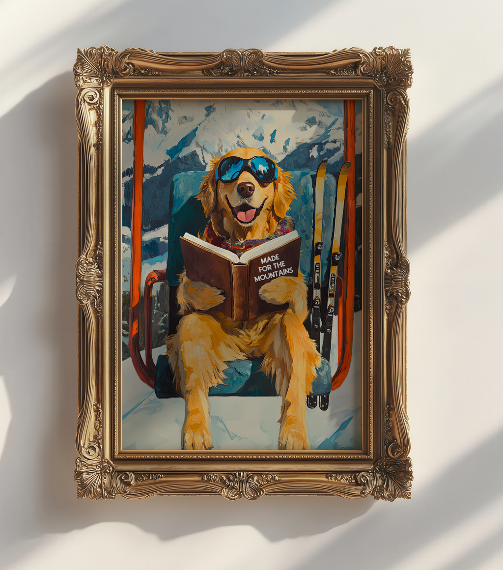 Dog Ski Lift Mountain Art Print | Ski Lodge Wall Decor | Funny Dog Book Lovers Poster | Winter Cabin Ski Art | Apres Ski Dog Decor