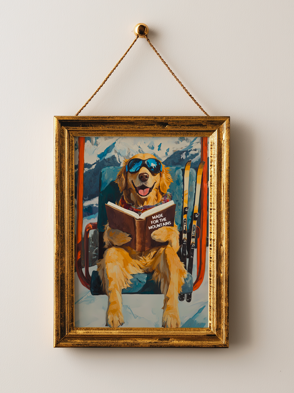 Dog Ski Lift Mountain Art Print | Ski Lodge Wall Decor | Funny Dog Book Lovers Poster | Winter Cabin Ski Art | Apres Ski Dog Decor