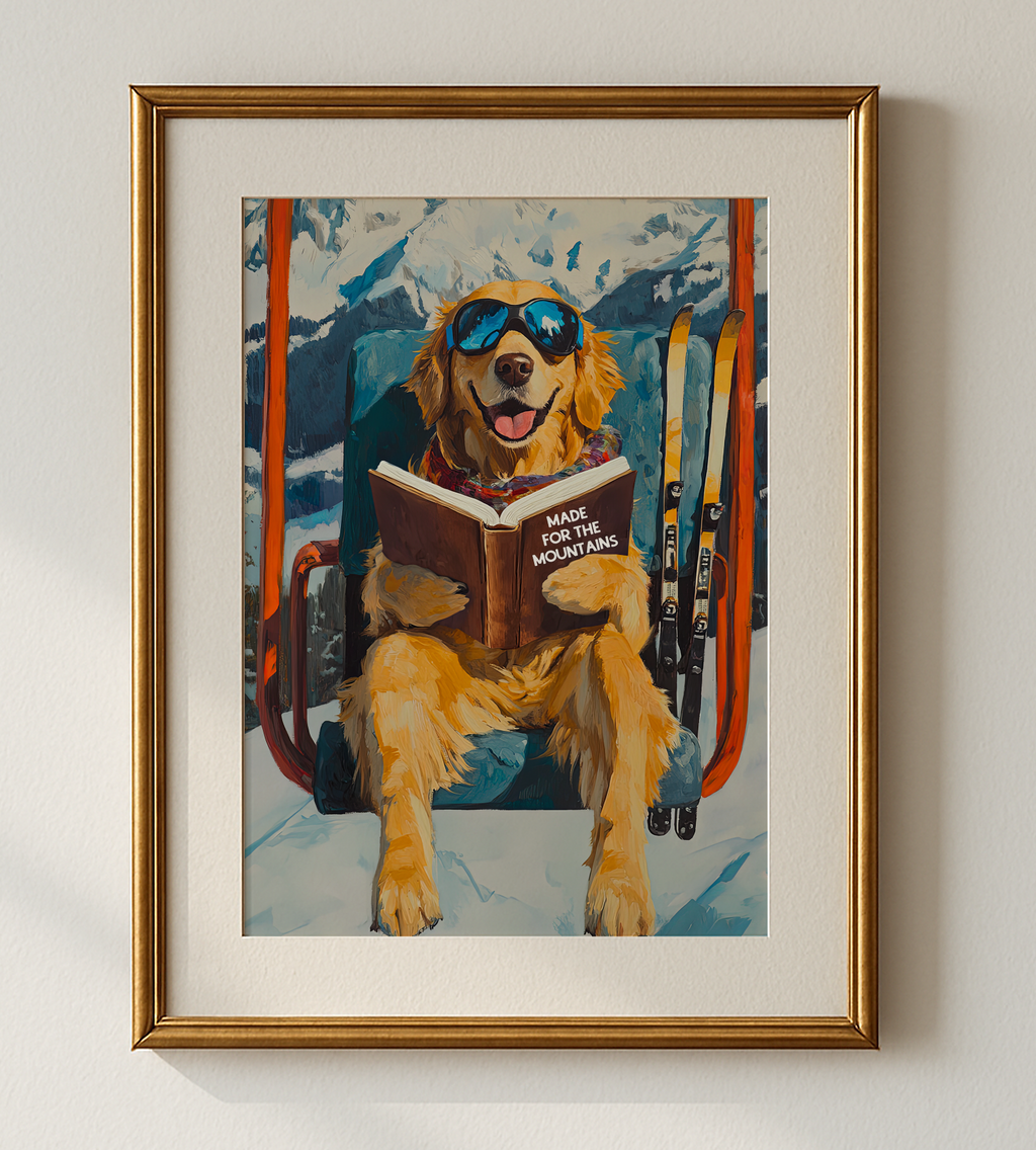 Dog Ski Lift Mountain Art Print | Ski Lodge Wall Decor | Funny Dog Book Lovers Poster | Winter Cabin Ski Art | Apres Ski Dog Decor