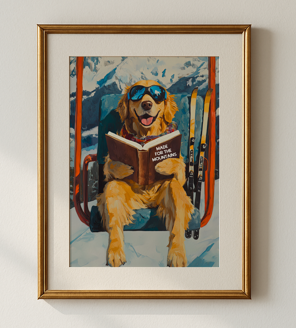 Dog Ski Lift Mountain Art Print | Ski Lodge Wall Decor | Funny Dog Book Lovers Poster | Winter Cabin Ski Art | Apres Ski Dog Decor