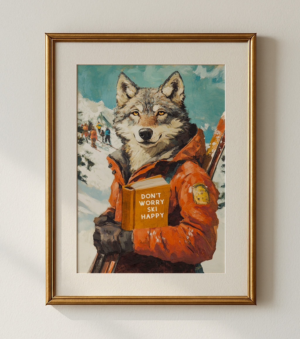 Don't Worry Ski Happy — Wolf Ski Art Print