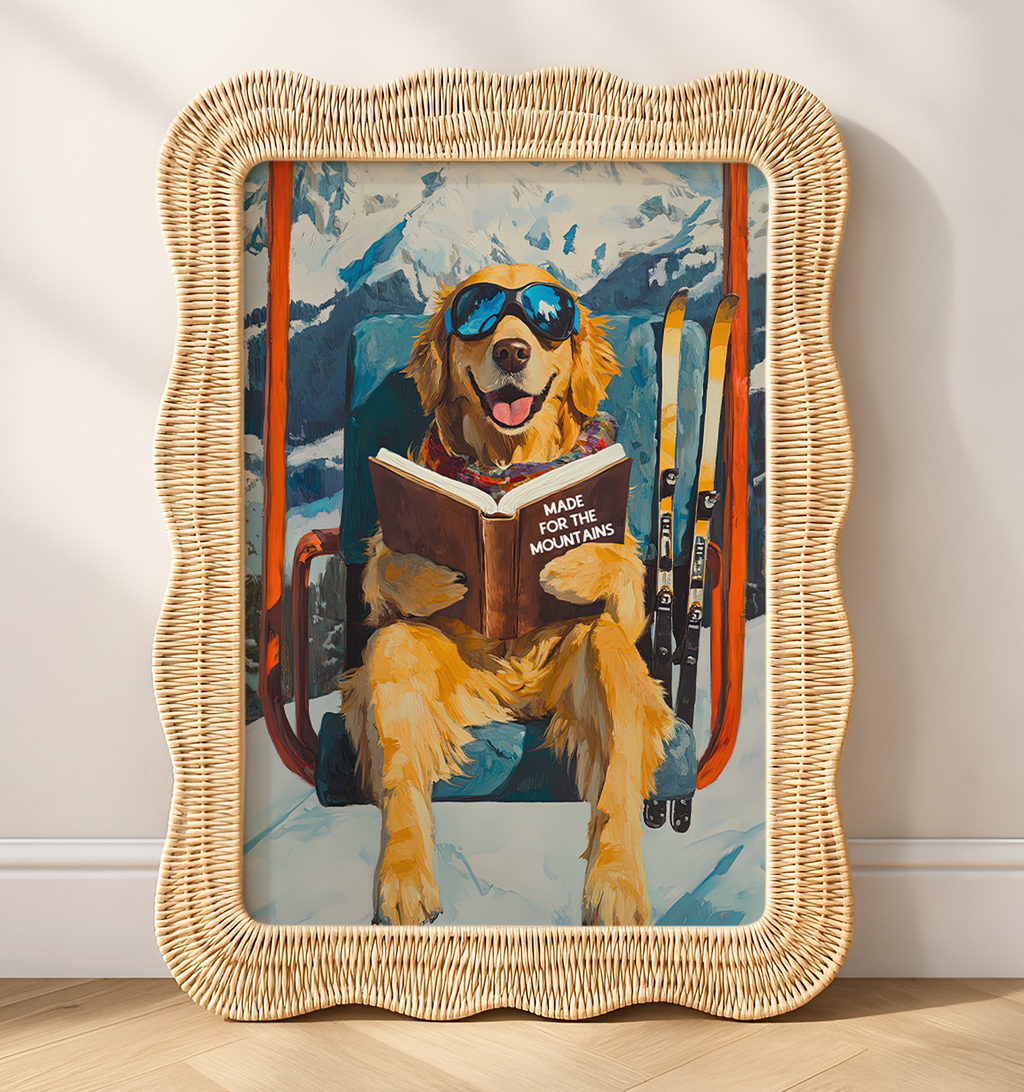 Dog Ski Lift Mountain Art Print | Ski Lodge Wall Decor | Funny Dog Book Lovers Poster | Winter Cabin Ski Art | Apres Ski Dog Decor