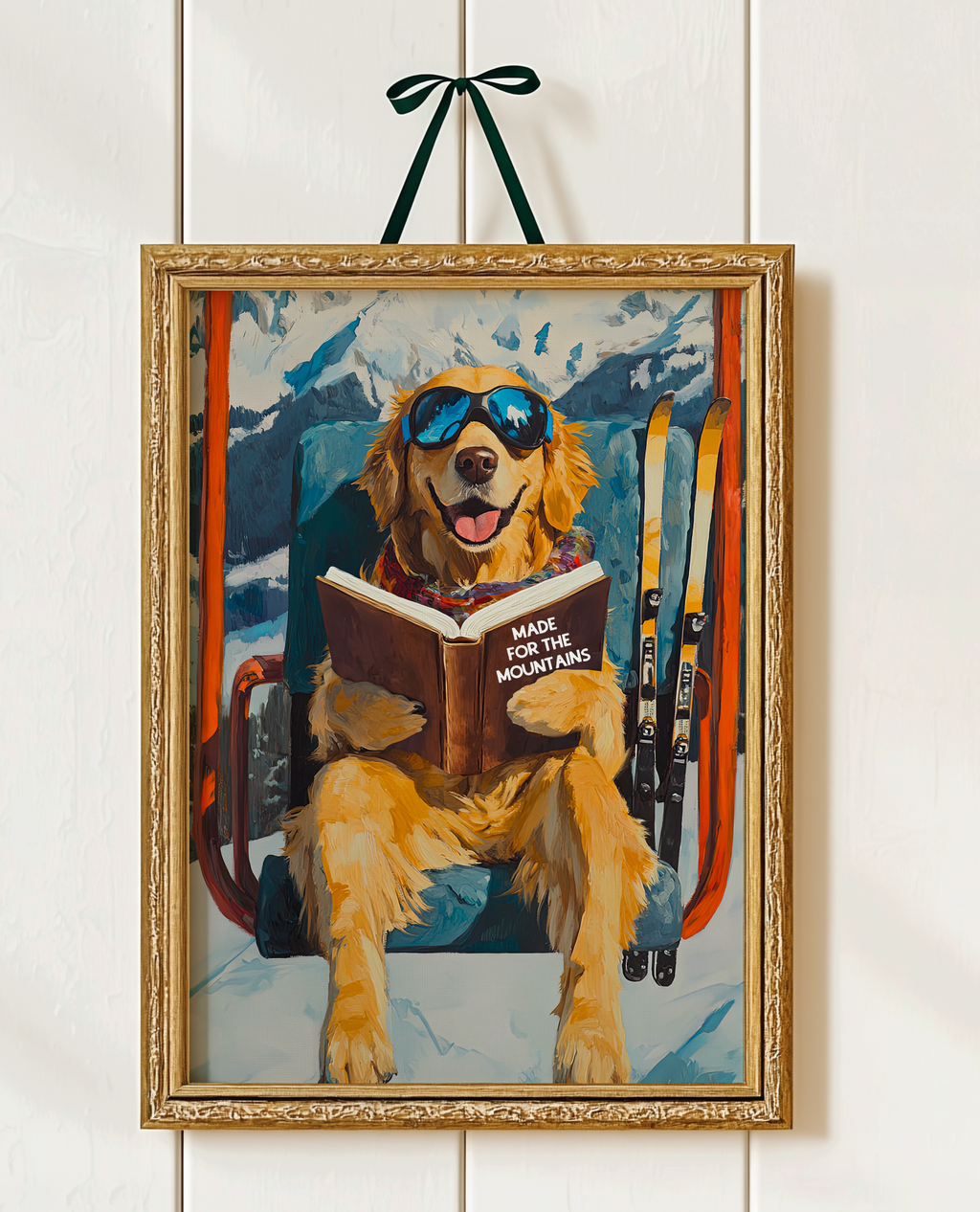 Dog Ski Lift Mountain Art Print | Ski Lodge Wall Decor | Funny Dog Book Lovers Poster | Winter Cabin Ski Art | Apres Ski Dog Decor