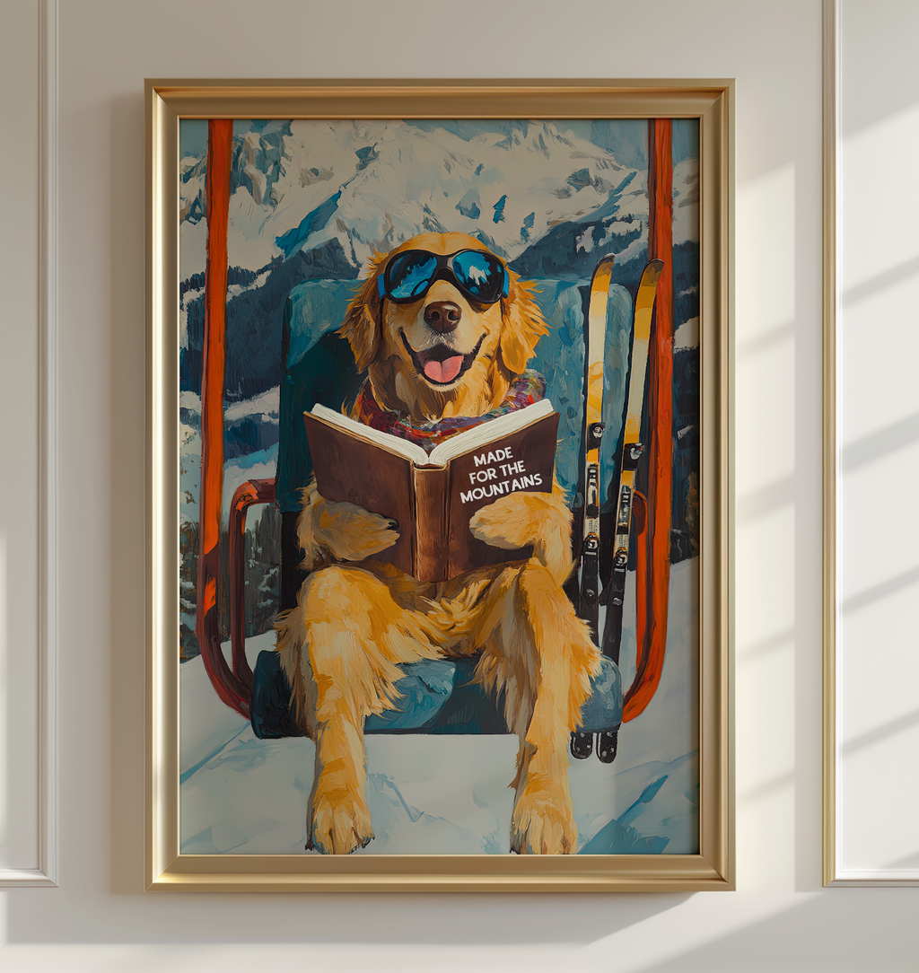 Dog Ski Lift Mountain Art Print | Ski Lodge Wall Decor | Funny Dog Book Lovers Poster | Winter Cabin Ski Art | Apres Ski Dog Decor
