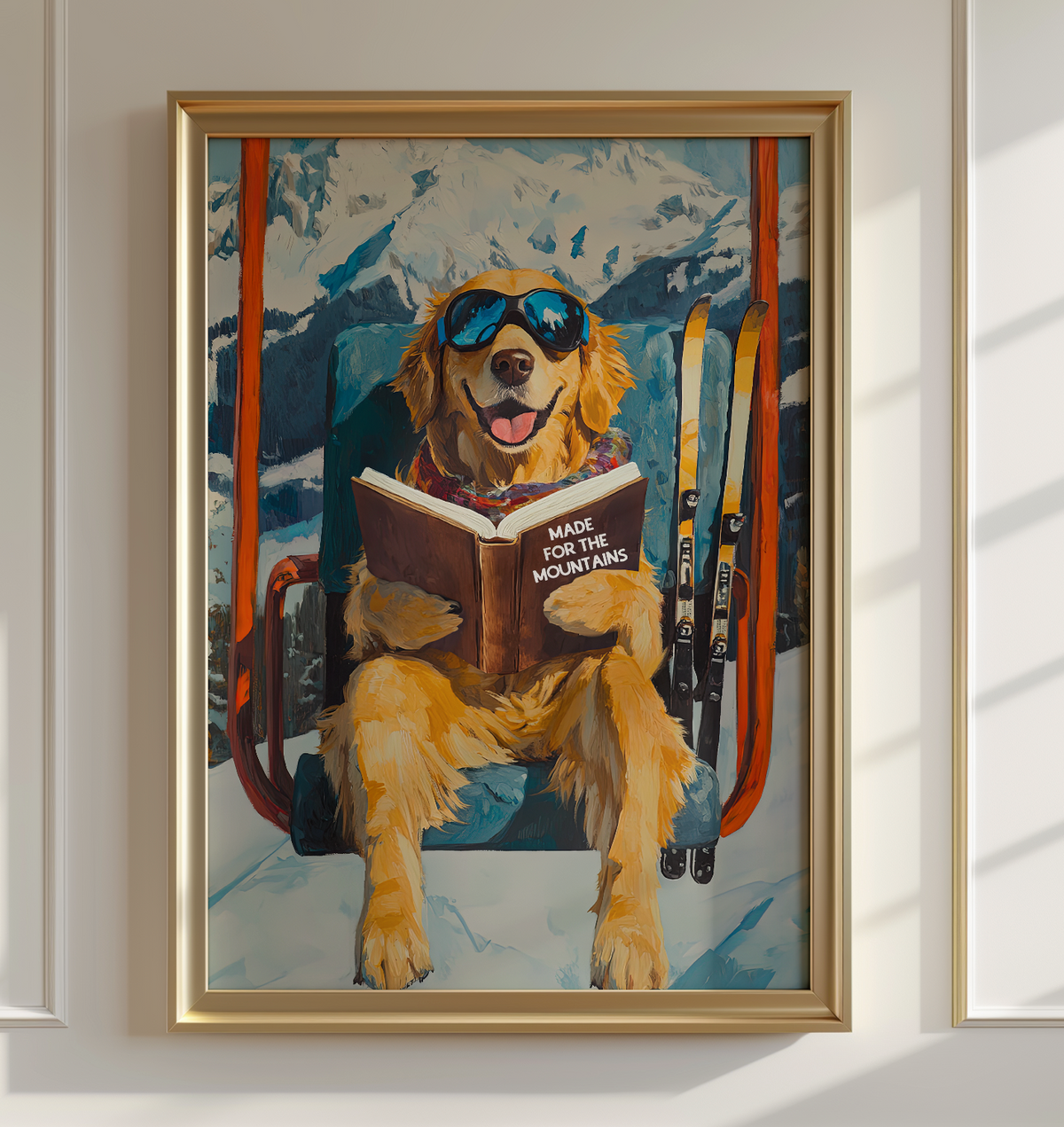 Dog Ski Lift Mountain Art Print | Ski Lodge Wall Decor | Funny Dog Book Lovers Poster | Winter Cabin Ski Art | Apres Ski Dog Decor