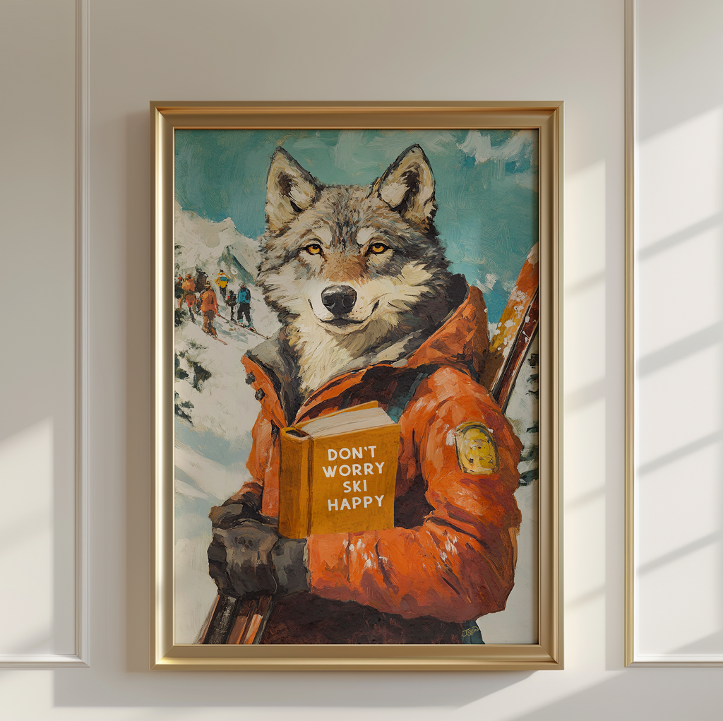 Don't Worry Ski Happy — Wolf Ski Art Print