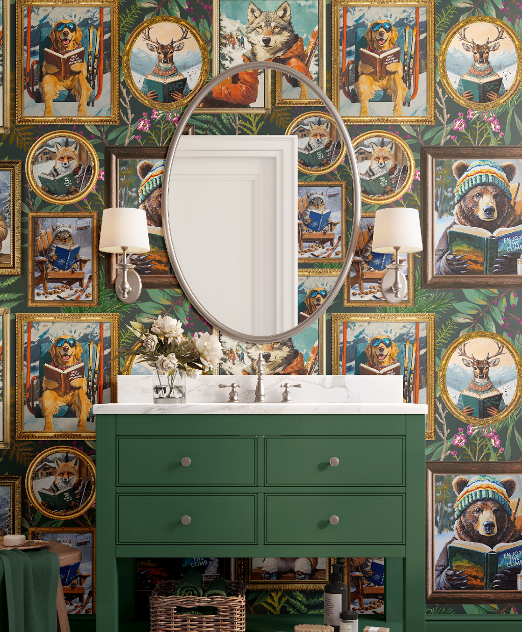 Whimsical Animals Reading Ski Lodge Green Wallpaper