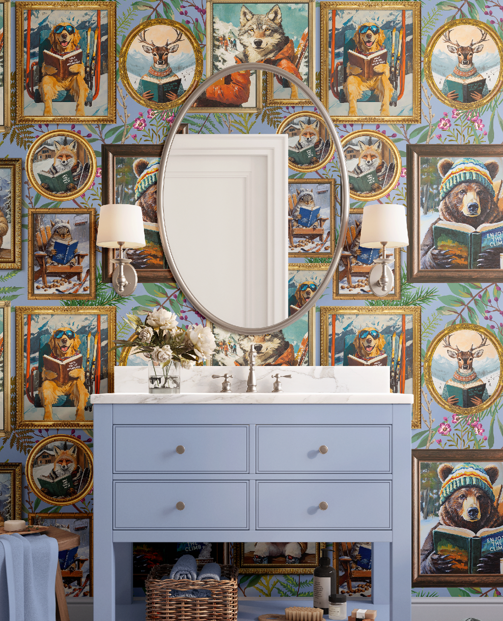 Whimsical Animals Reading Ski Lodge Blue Wallpaper