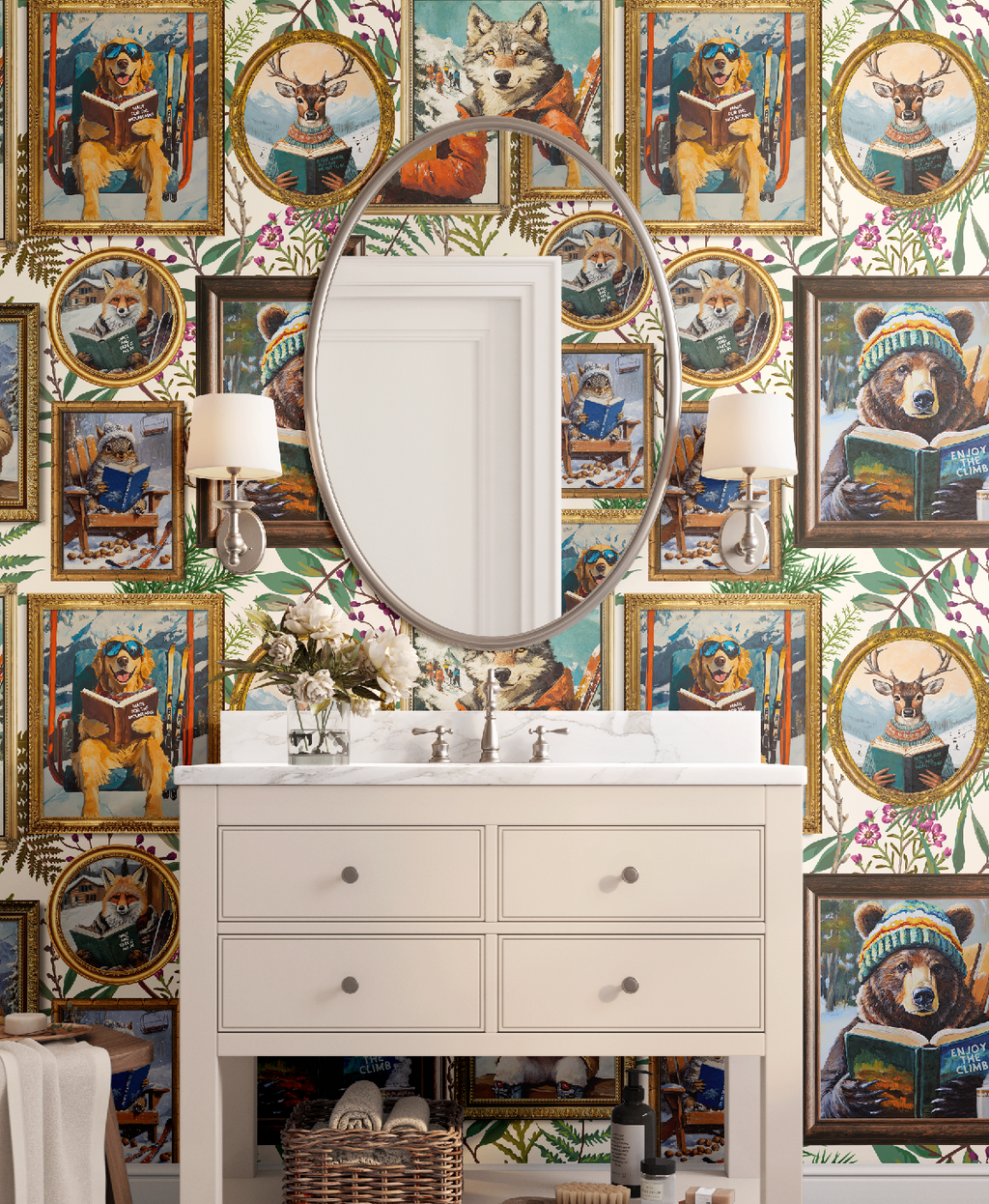 Whimsical Animals Reading Ski Lodge Ivory Wallpaper