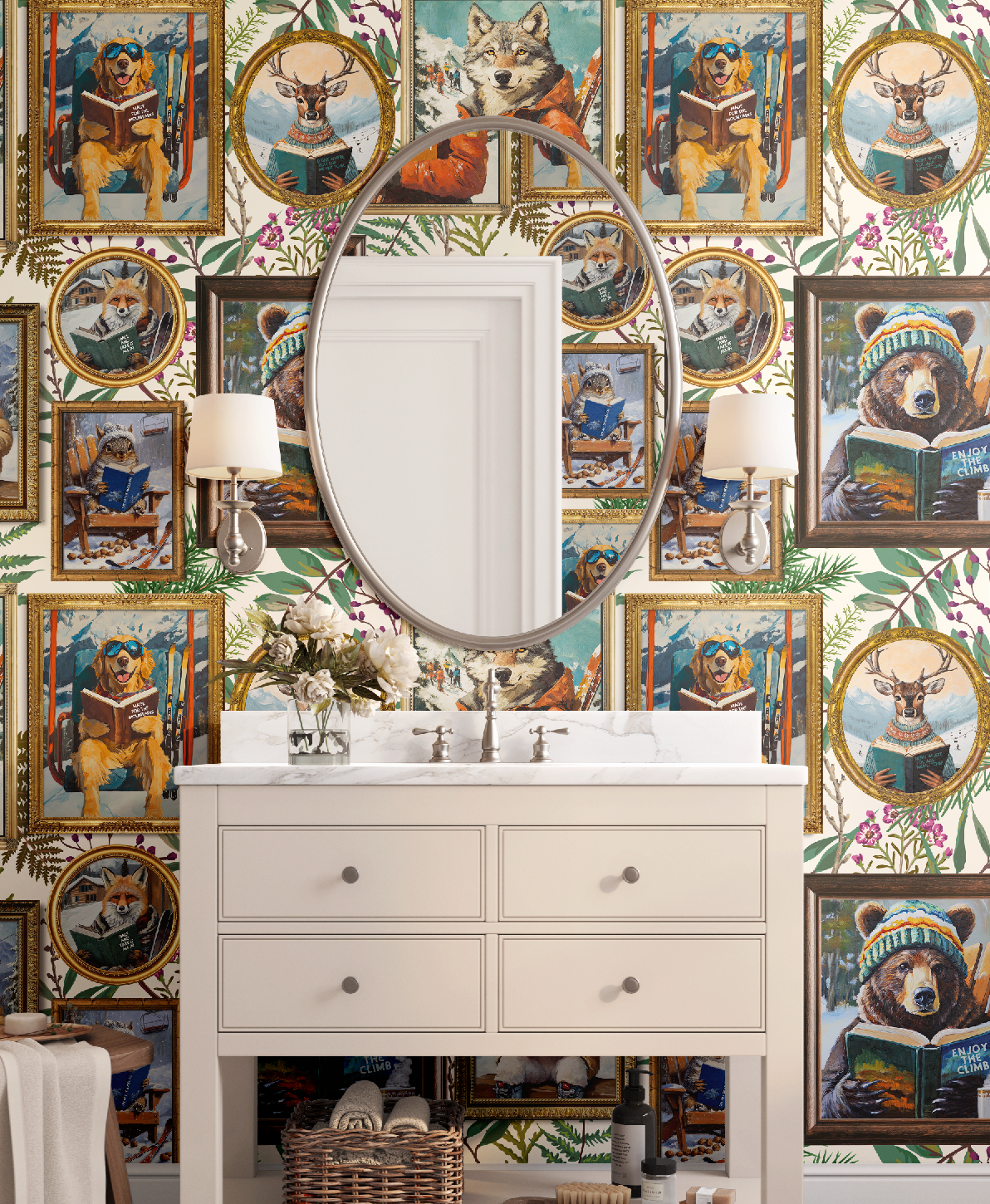 Whimsical Animals Reading Ski Lodge Ivory Wallpaper