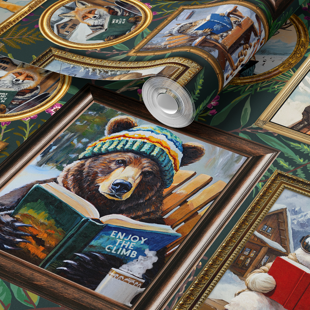 Whimsical Animals Reading Ski Lodge Green Wallpaper
