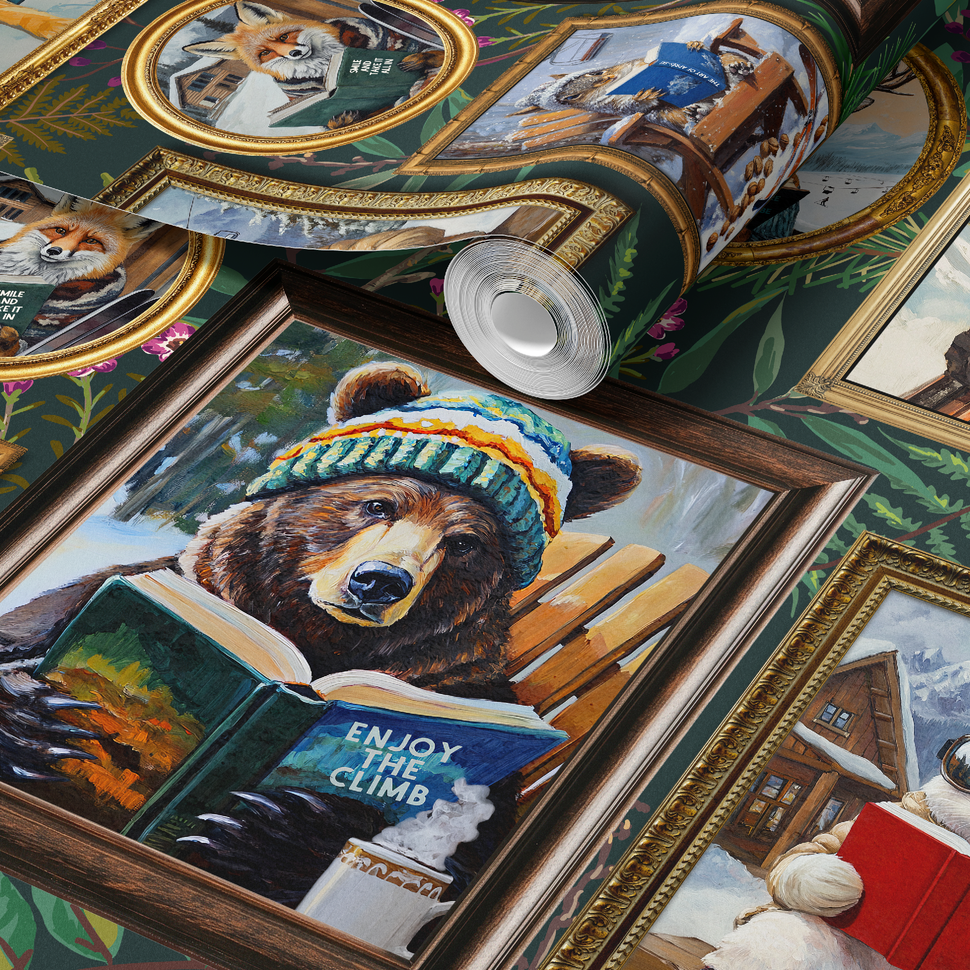 Whimsical Animals Reading Ski Lodge Green Wallpaper