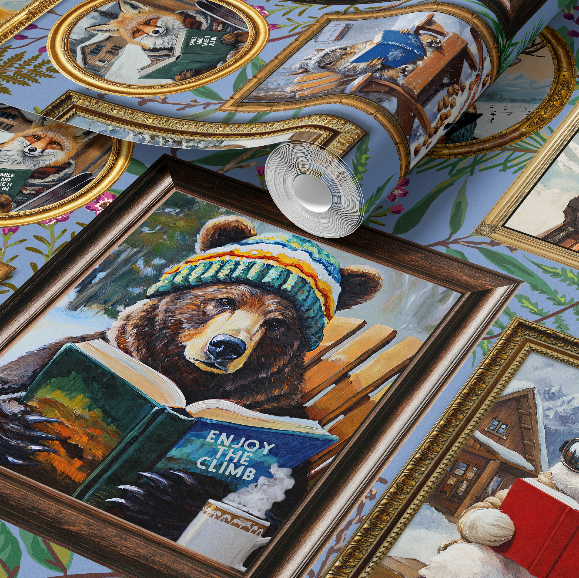 Whimsical Animals Reading Ski Lodge Blue Wallpaper