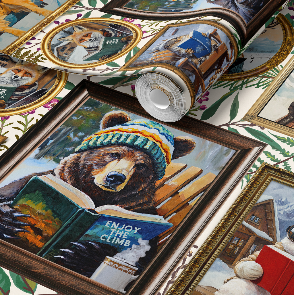 Whimsical Animals Reading Ski Lodge Ivory Wallpaper