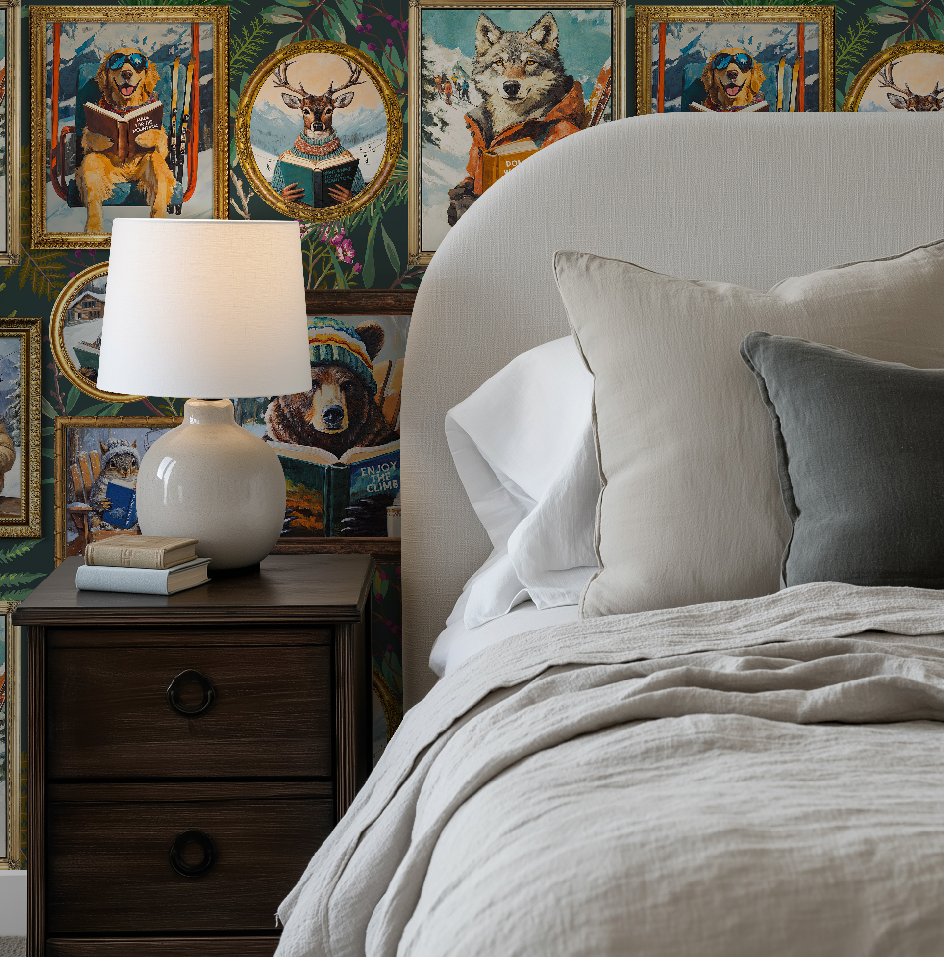 Whimsical Animals Reading Ski Lodge Green Wallpaper